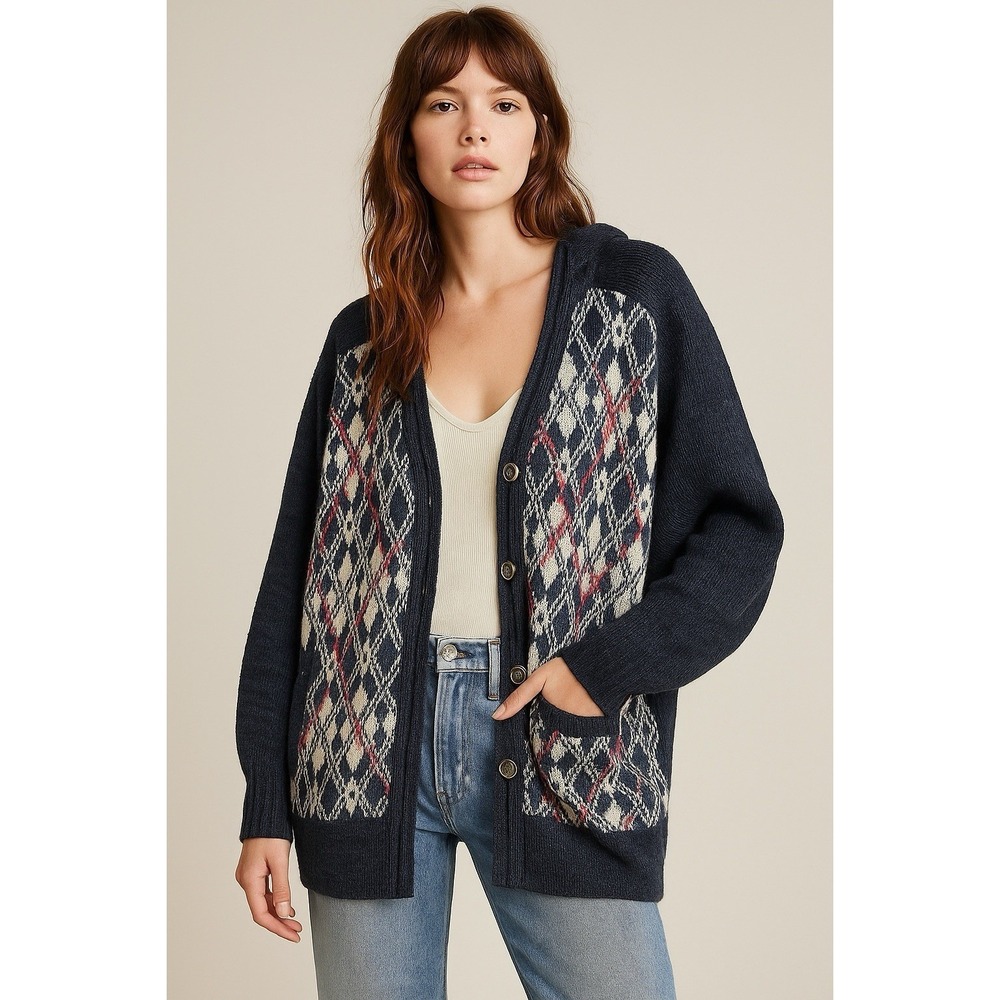 Free People Foxtrot Argyle Knit Cardigan Sweater Women's L Wool Blend Preppy